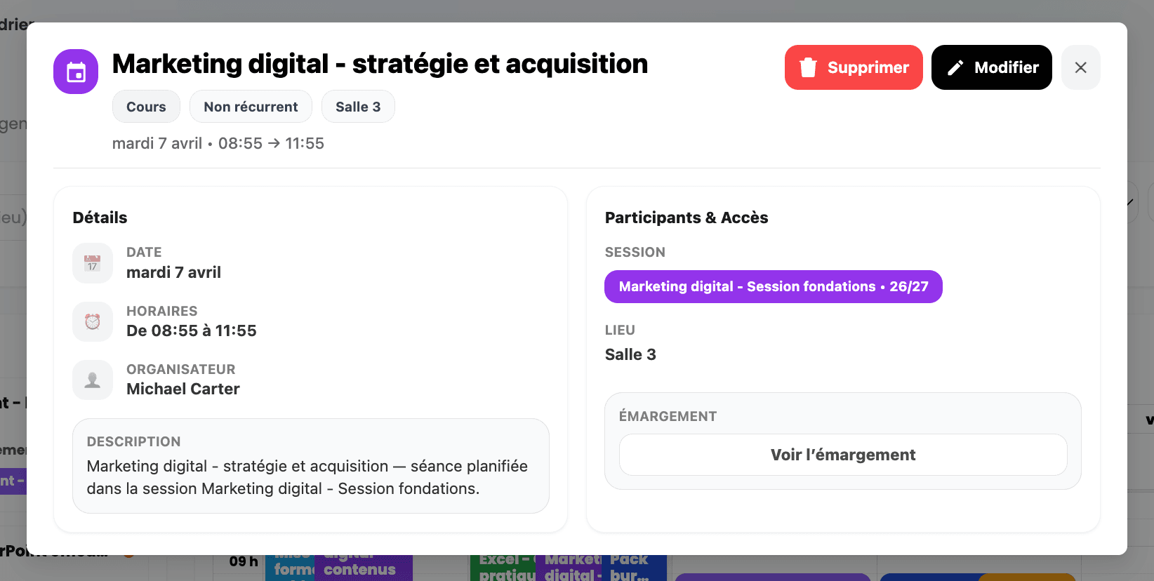 Vue du planning hebdomadaire dans EduGesta
