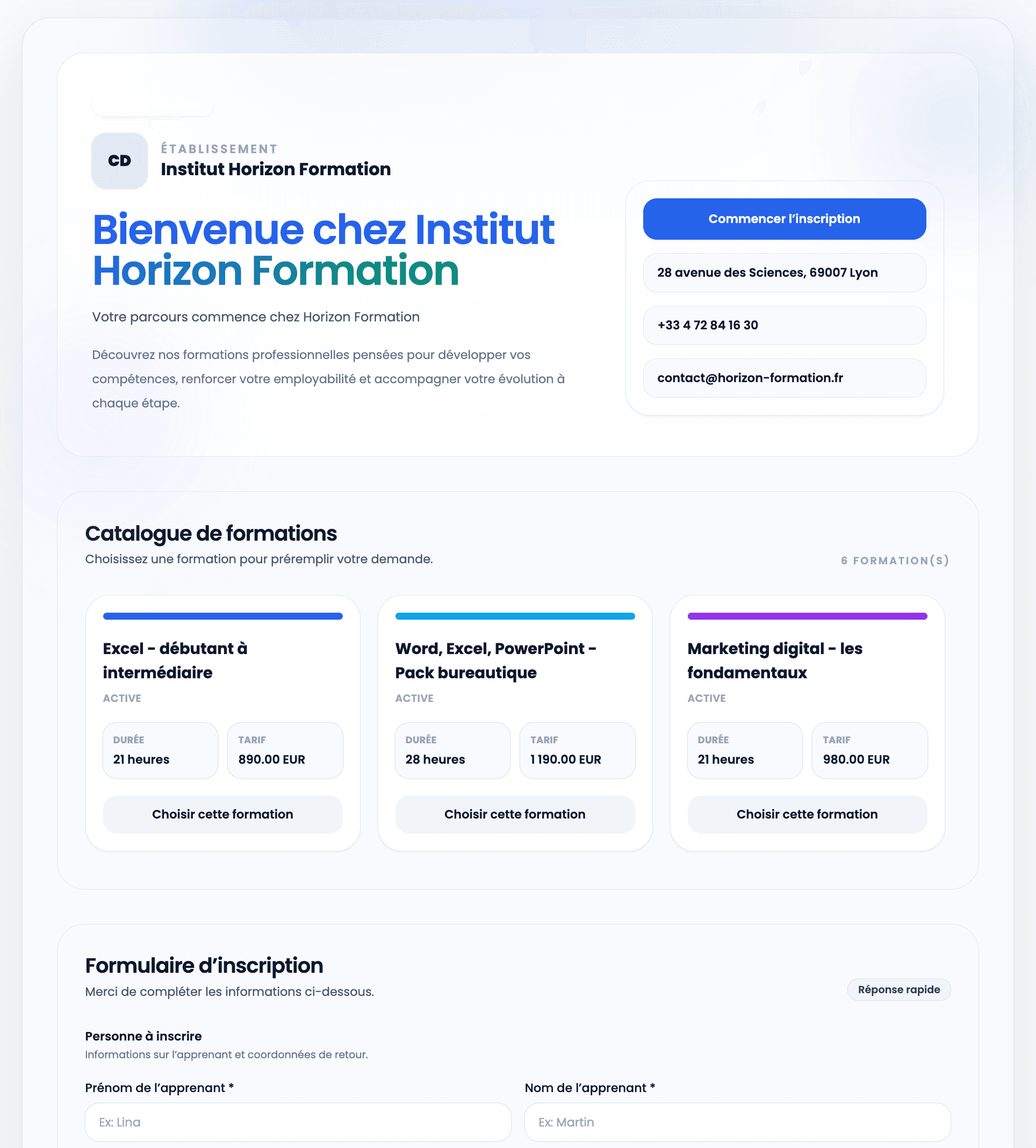 Catalogue public et formulaire d'inscription EduGesta