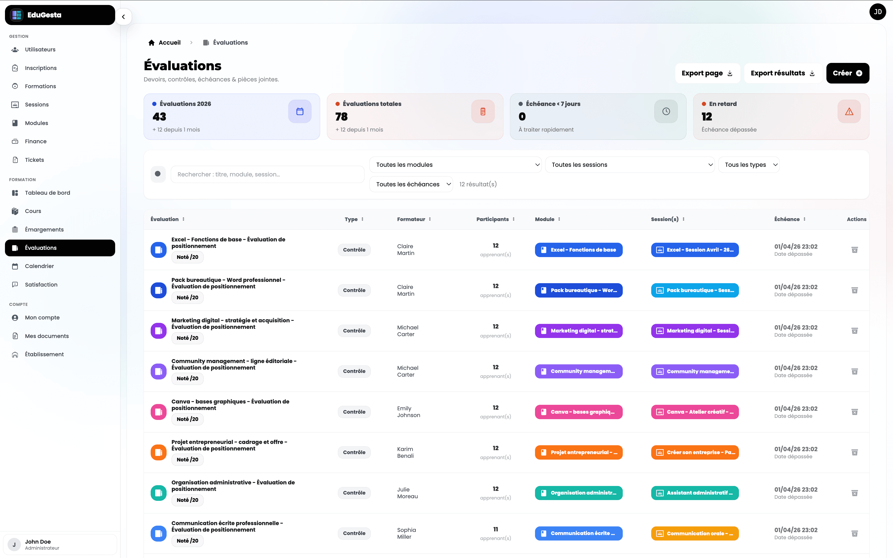 Aperçu du module d’évaluations dans EduGesta