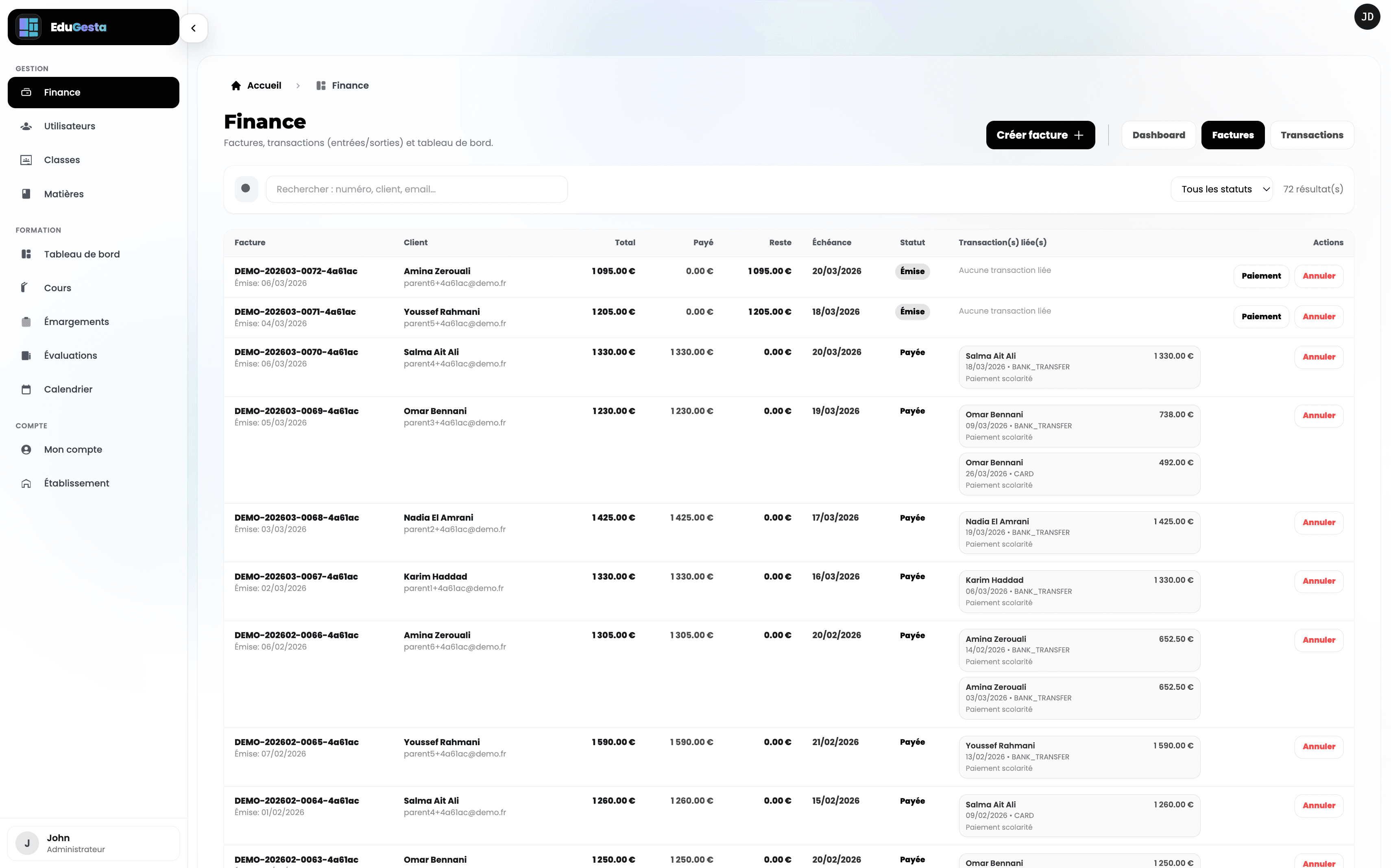 Gestion des factures : liste, statuts, actions