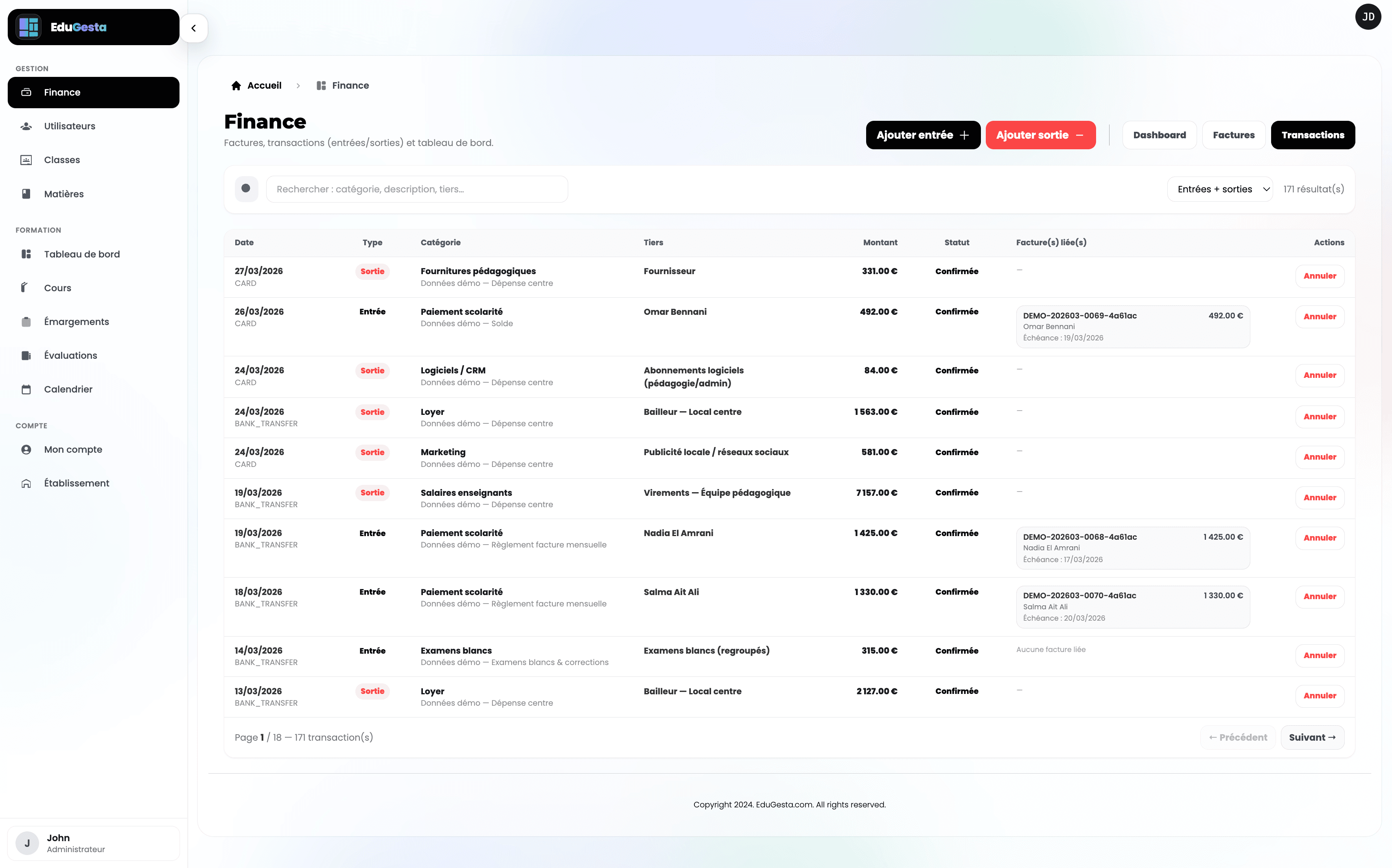 Liste des transactions : filtres, actions, statuts