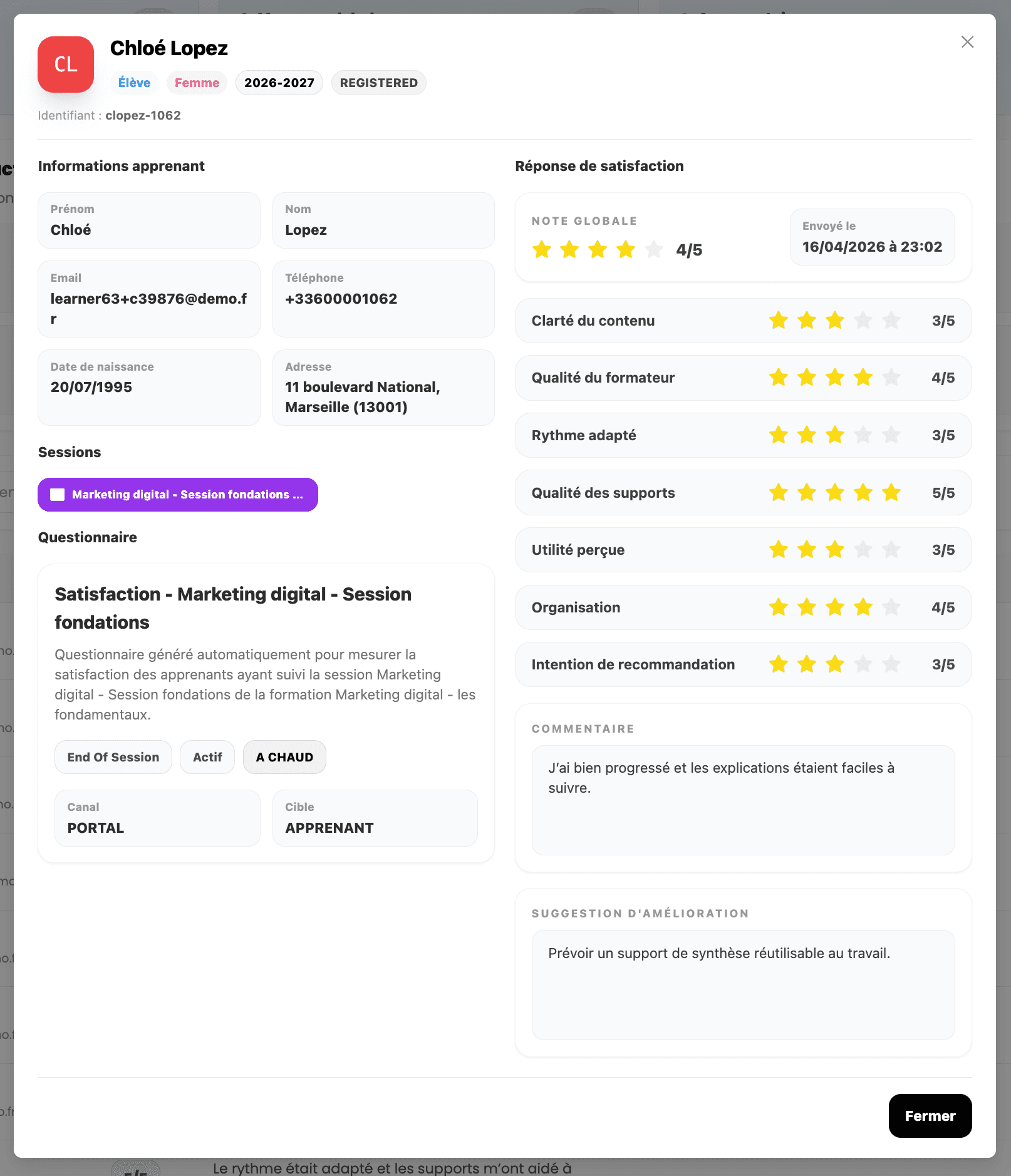 Vue de création d’un questionnaire dans EduGesta