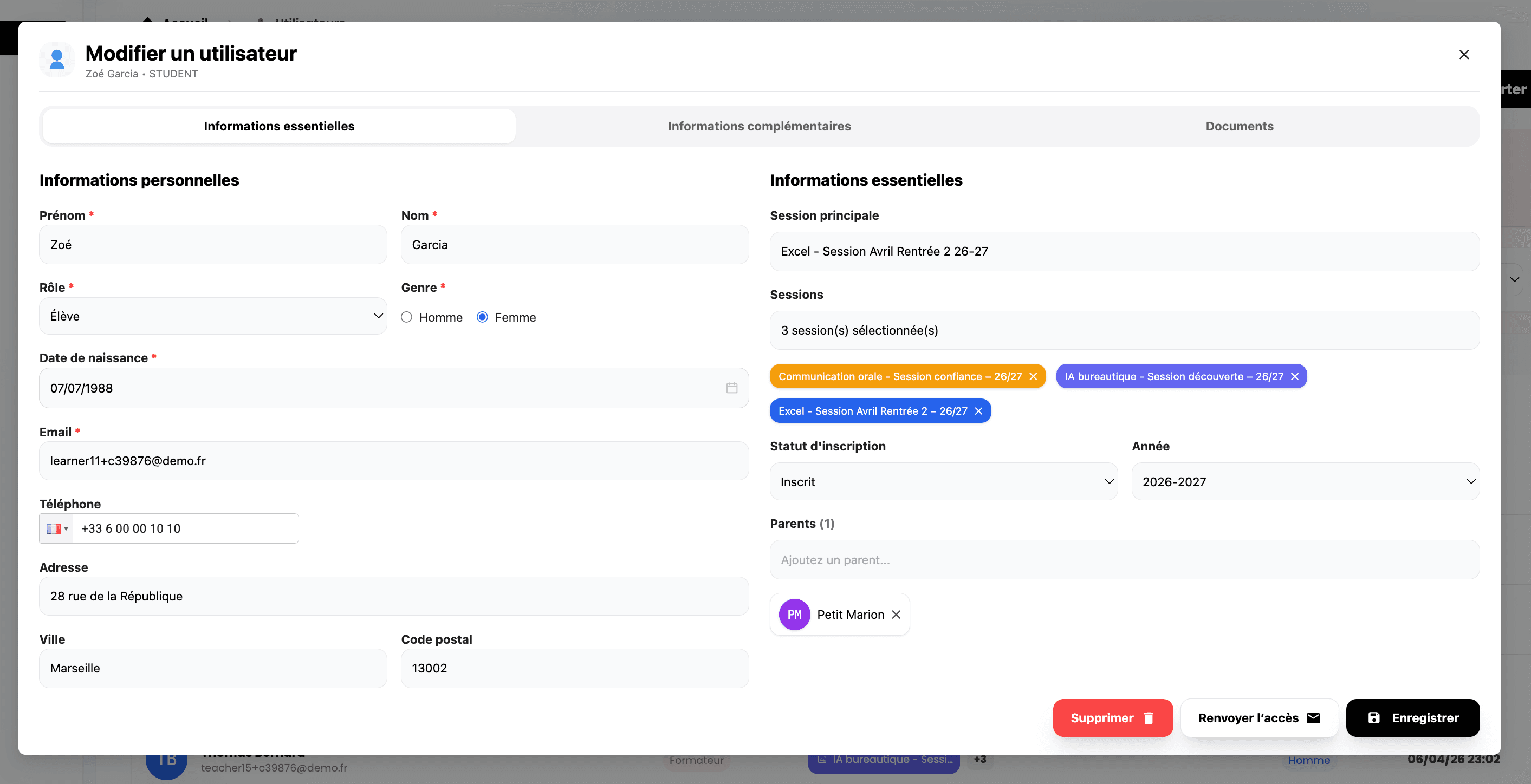 Vue d’une fiche utilisateur dans EduGesta